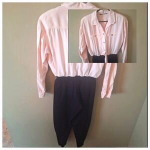 Vintage! Soft Powder Pink & Black Jumpsuit 80's 90's With Stirrups Sz Small